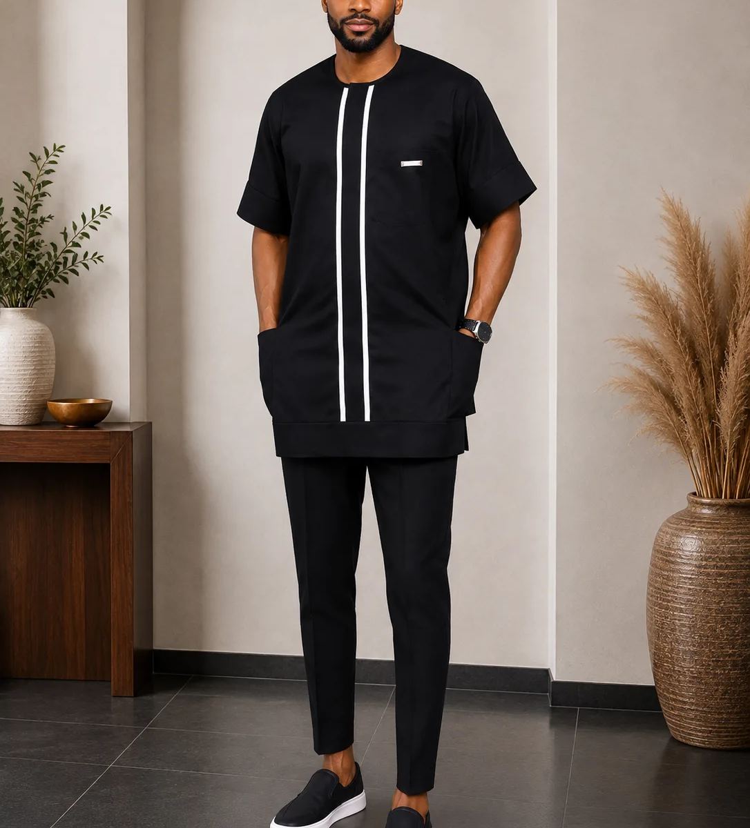 Men's Premium Black Senator Kaftan Set – Short Sleeve Traditional Wear with Matching Trousers