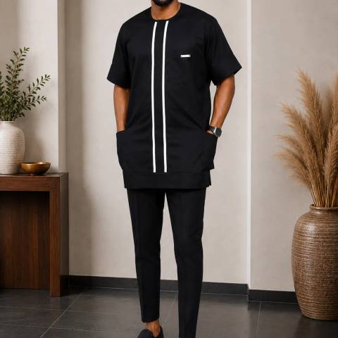 Men's Premium Black Senator Kaftan Set – Short Sleeve Traditional Wear with Matching Trousers