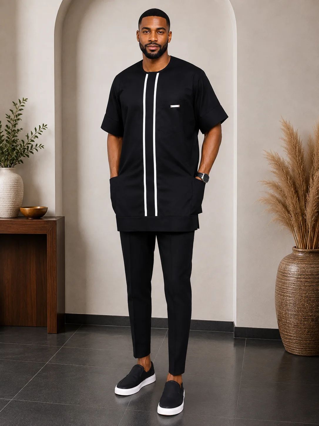 Men's Premium Black Senator Kaftan Set – Short Sleeve Traditional Wear with Matching Trousers