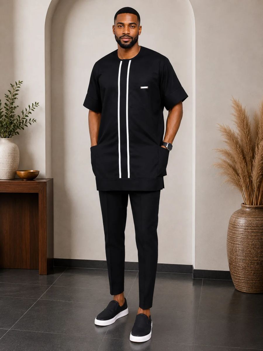 Men's Premium Black Senator Kaftan Set – Short Sleeve Traditional Wear with Matching Trousers