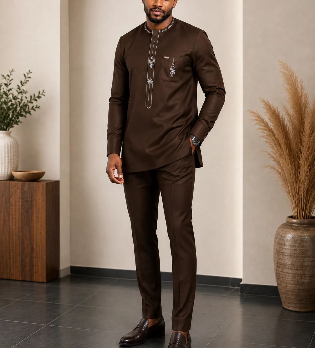 Men's Premium Long Sleeve Embroidered Senator Kaftan with Matching Trousers