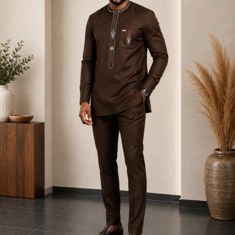 Men's Premium Long Sleeve Embroidered Senator Kaftan with Matching Trousers