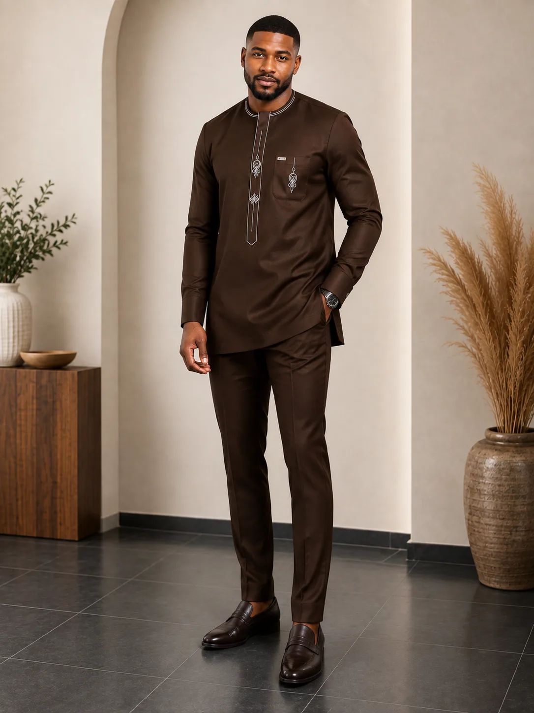 Men's Premium Long Sleeve Embroidered Senator Kaftan with Matching Trousers