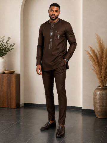Men's Premium Long Sleeve Embroidered Senator Kaftan with Matching Trousers