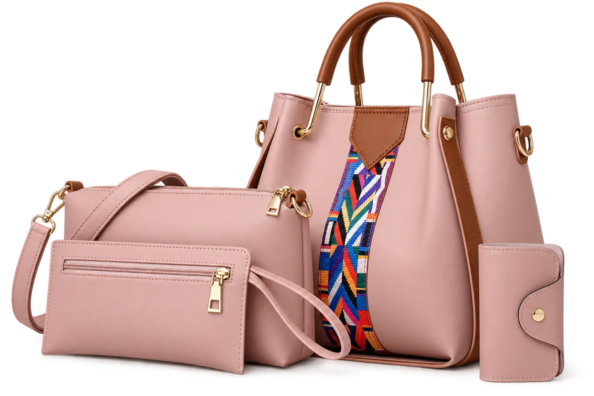 Women's 4-Piece Handbag Set (Large tote handbag, Crossbody/shoulder bag, Zip purse/clutch, Card holder/wallet)