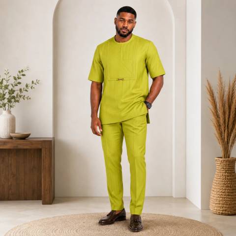 Men's Premium Senator Kaftan Set – Short Sleeve Traditional Wear with Matching Trousers