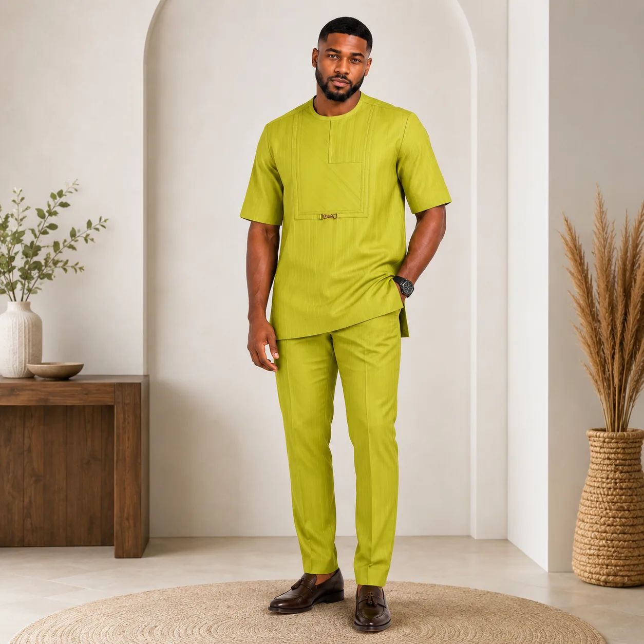 Men's Premium Senator Kaftan Set – Short Sleeve Traditional Wear with Matching Trousers