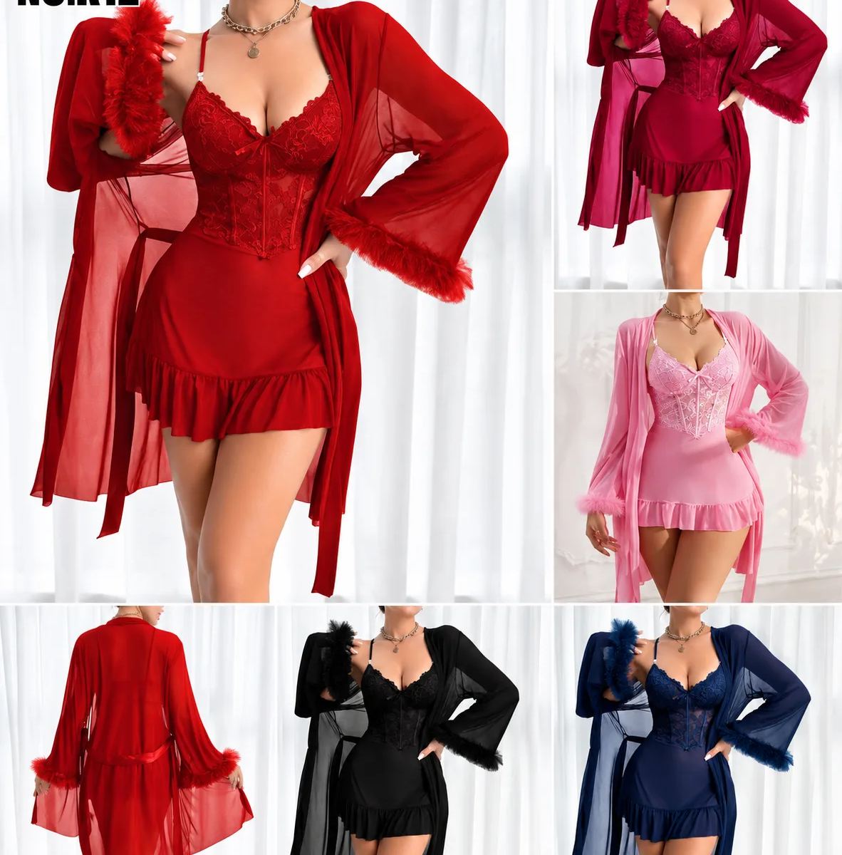Women's Lace Babydoll Lingerie Set – Sheer Mesh Nightdress with Matching Long Robe