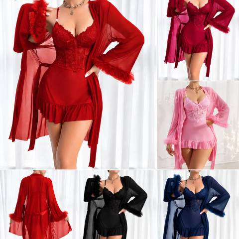 Women's Lace Babydoll Lingerie Set – Sheer Mesh Nightdress with Matching Long Robe