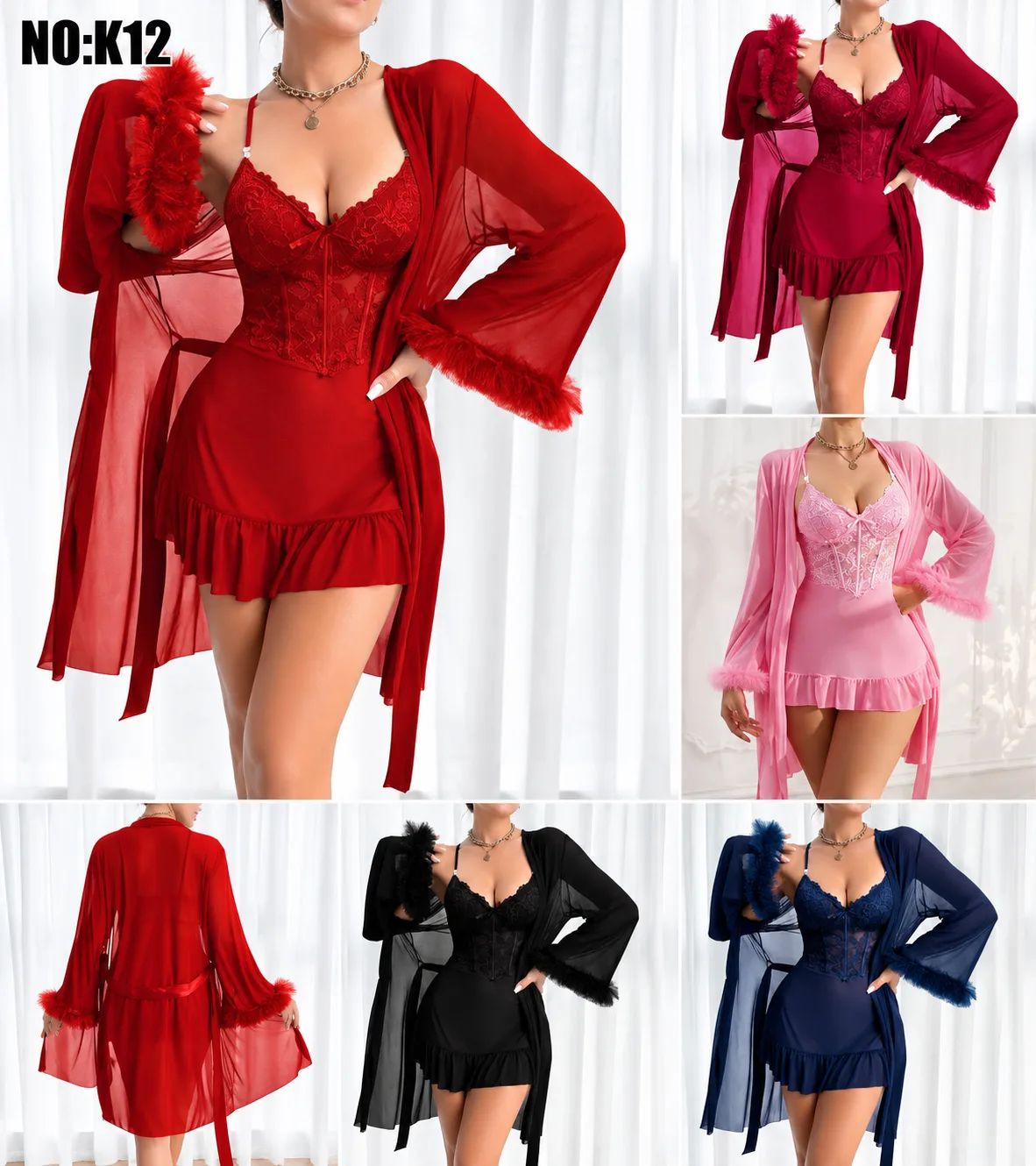 Women's Lace Babydoll Lingerie Set – Sheer Mesh Nightdress with Matching Long Robe