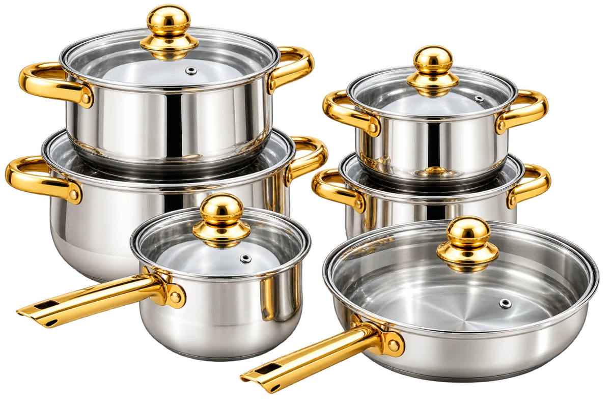 12-Piece Aluminium Cooking Pot Set – Silver & Gold