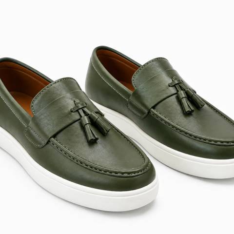 Men's Olive Green Leather Tassel Platform Loafers