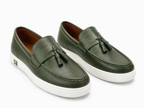Men's Olive Green Leather Tassel Platform Loafers