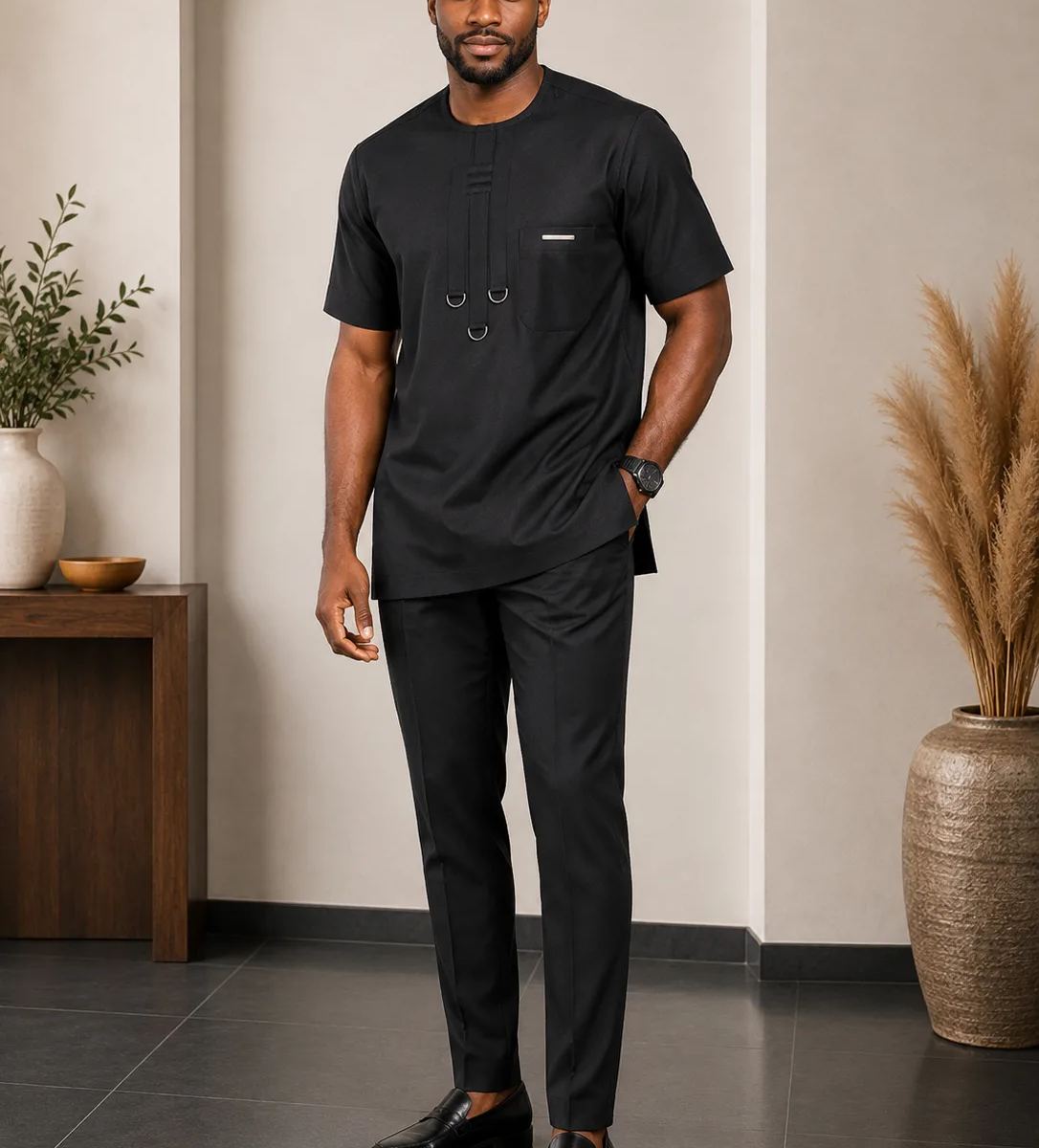 Men's Premium Short Sleeve Senator Kaftan Shirt with D-Ring Detail