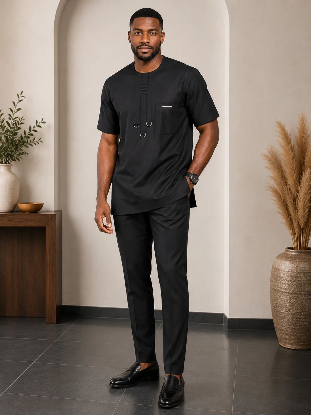 Men's Premium Short Sleeve Senator Kaftan Shirt with D-Ring Detail