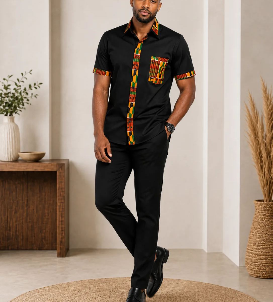 Black Shirt with Vibrant Kente Accents