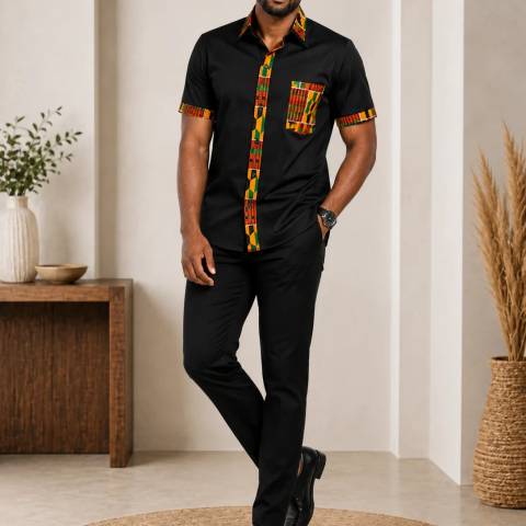 Black Shirt with Vibrant Kente Accents