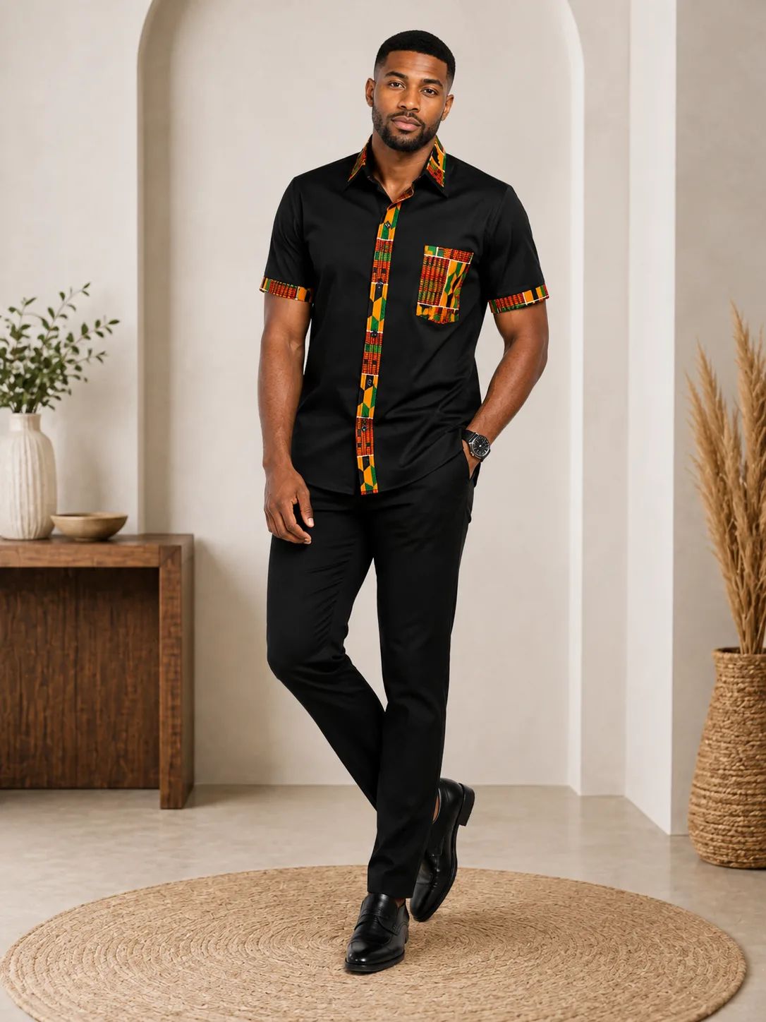 Black Shirt with Vibrant Kente Accents