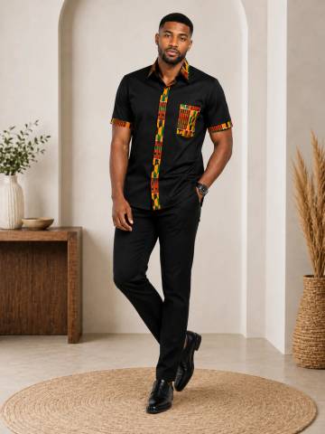 Black Shirt with Vibrant Kente Accents
