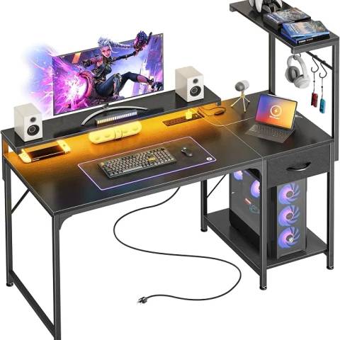 Gaming Desk with LED Lights & Power Outlets