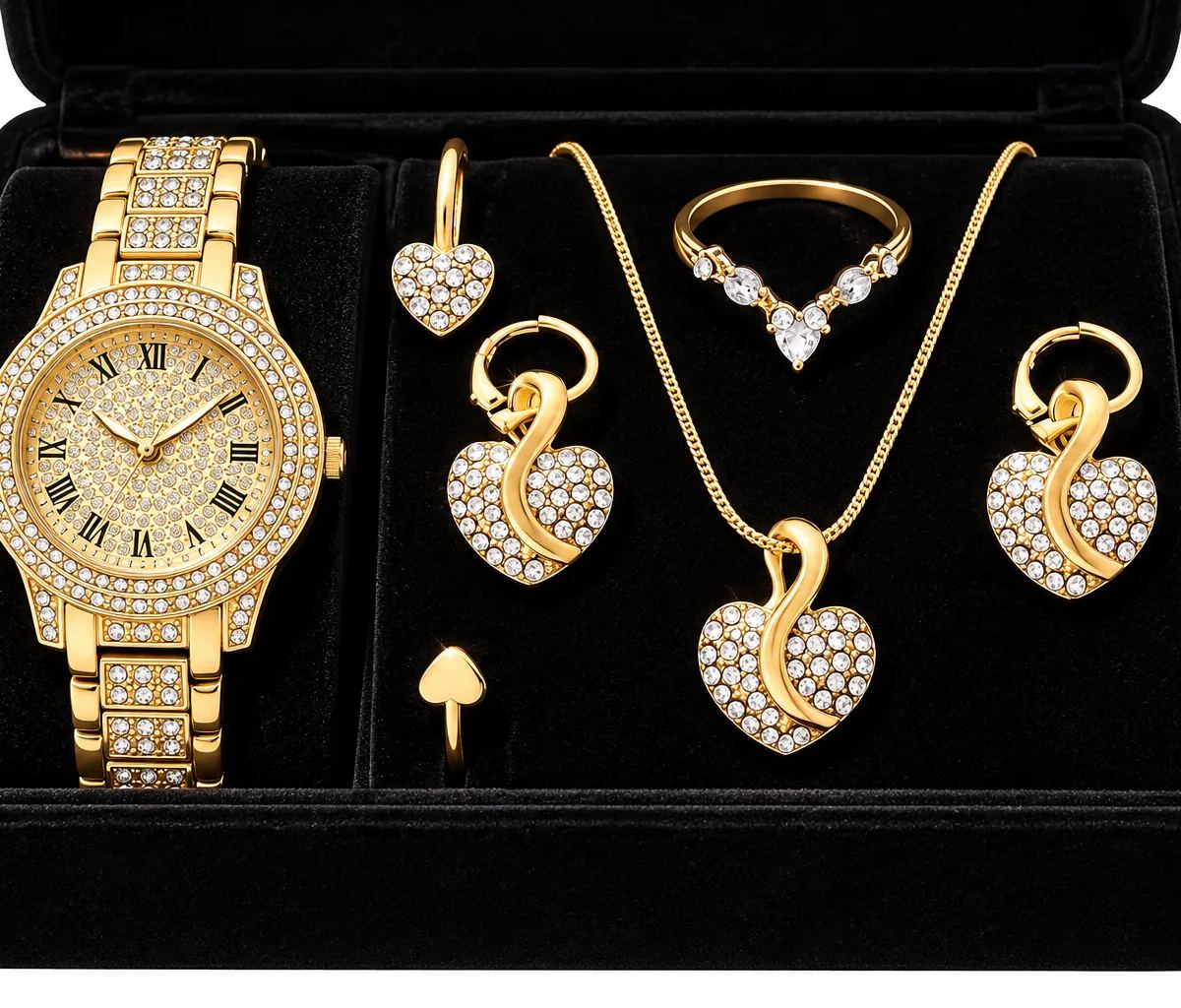 Luxury 6-Piece Women's Rhinestone Watch & Jewelry Set (Gold)