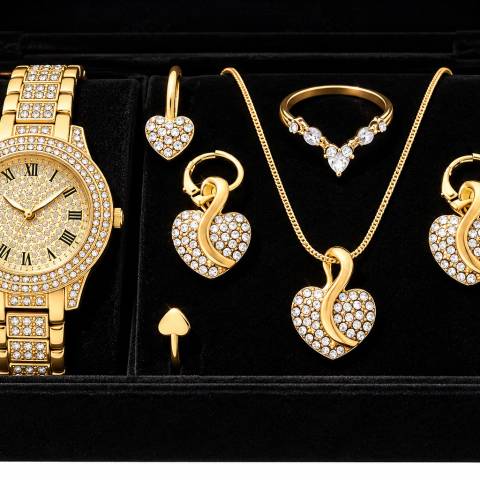 Luxury 6-Piece Women's Rhinestone Watch & Jewelry Set (Gold)