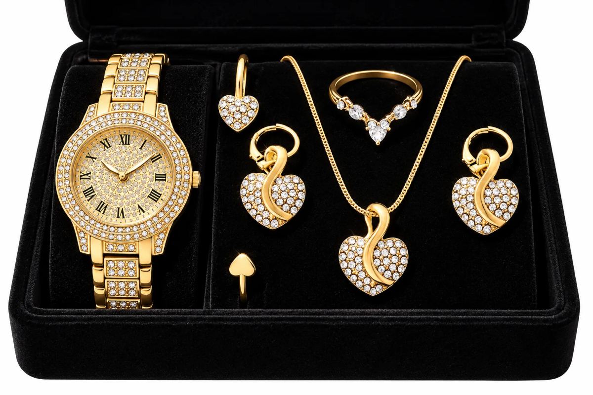 Luxury 6-Piece Women's Rhinestone Watch & Jewelry Set (Gold)