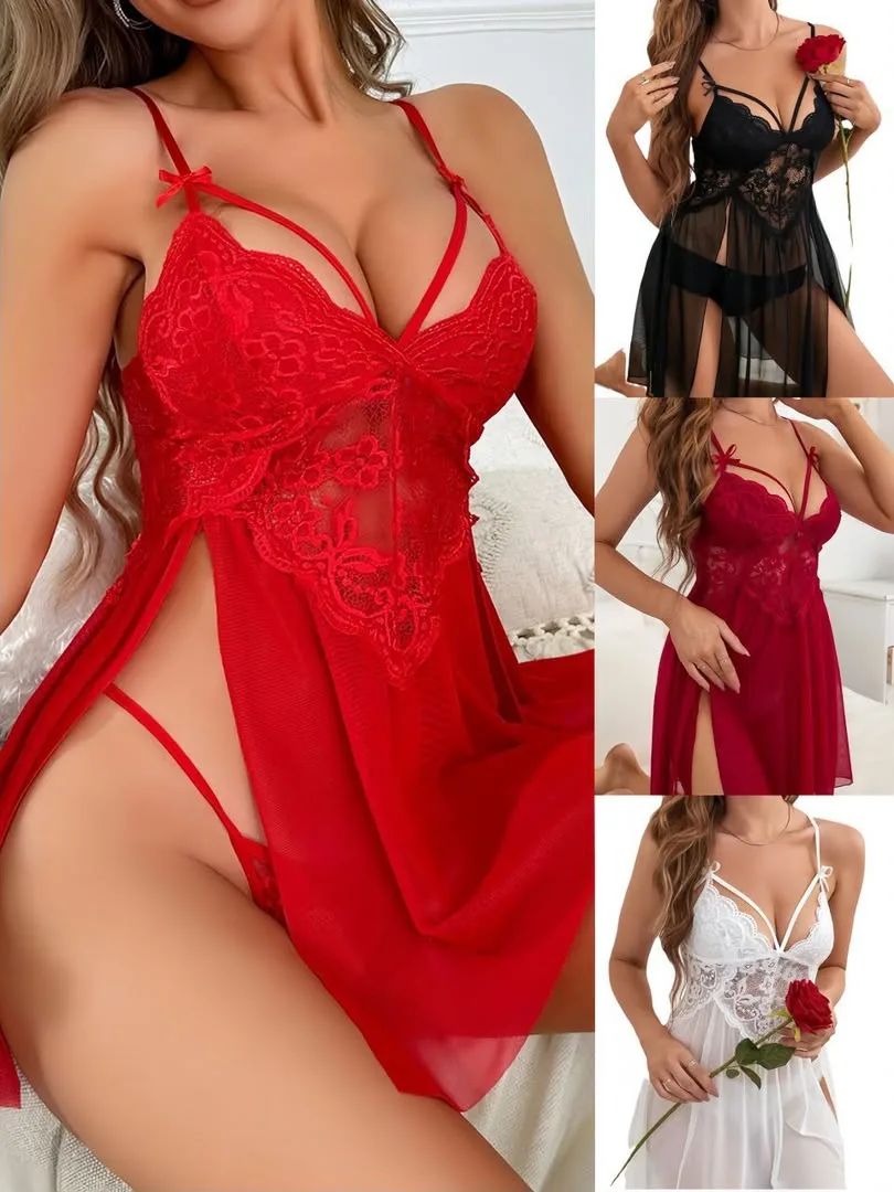 Women's Sexy Lace Babydoll Nightdress – Sheer Mesh Lingerie with Matching G-String
