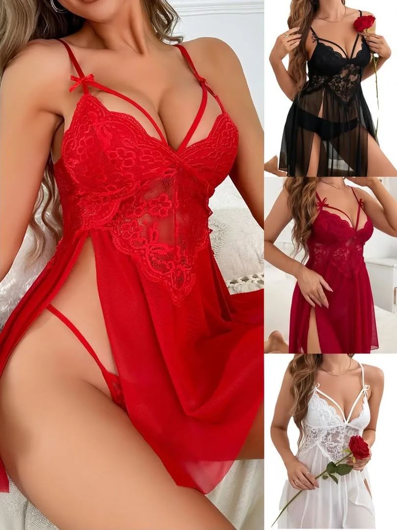 Women's Sexy Lace Babydoll Nightdress – Sheer Mesh Lingerie with Matching G-String