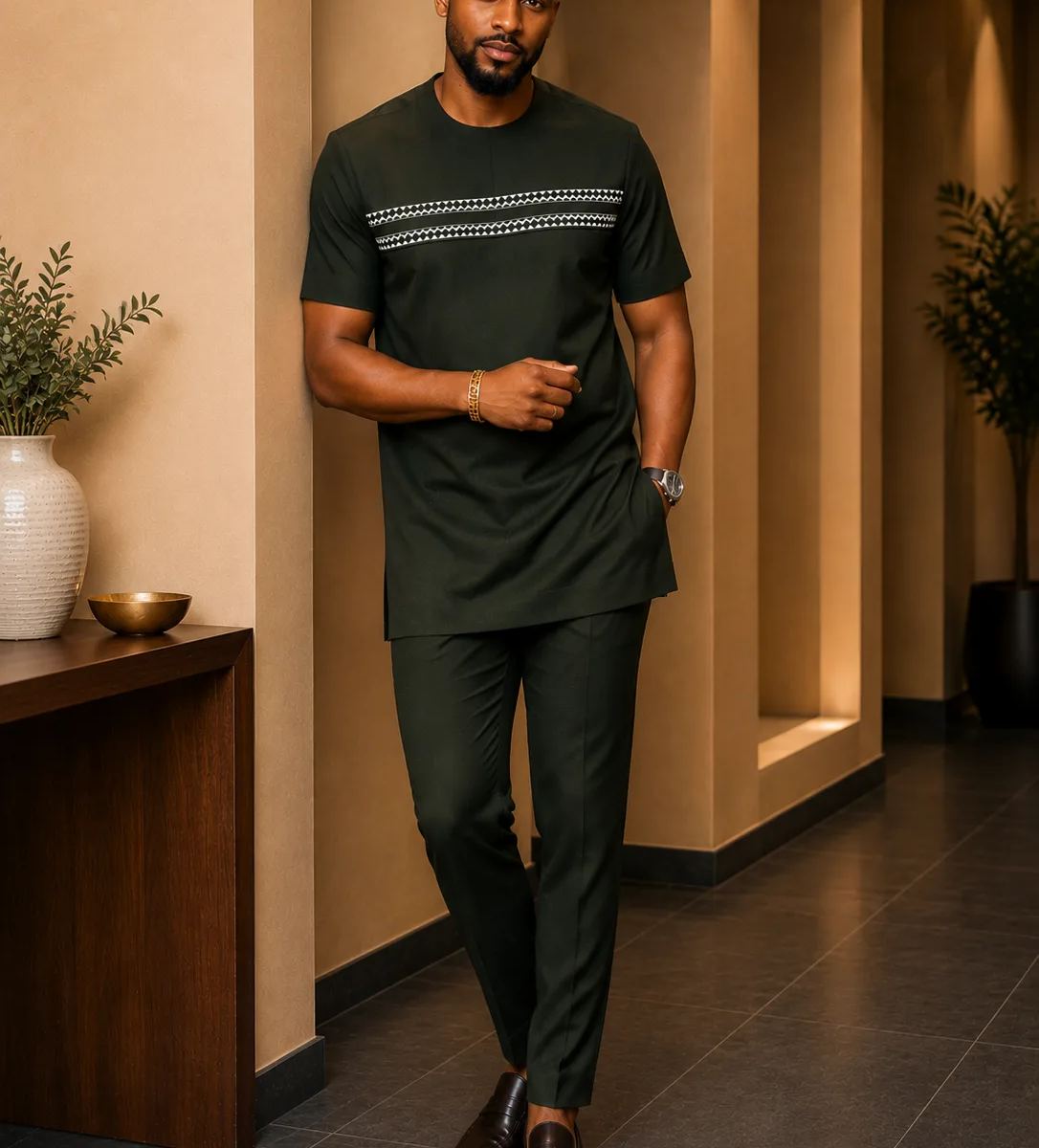 Men's Premium Short Sleeve Embroidered Senator Kaftan with Matching Trousers
