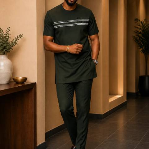 Men's Premium Short Sleeve Embroidered Senator Kaftan with Matching Trousers