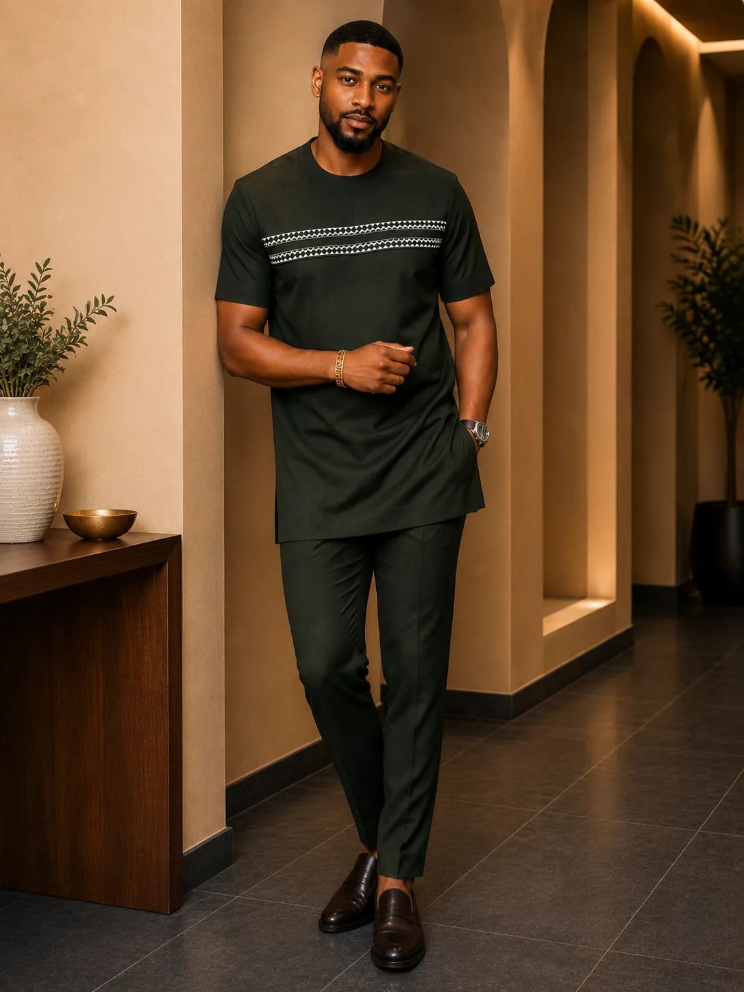 Men's Premium Short Sleeve Embroidered Senator Kaftan with Matching Trousers