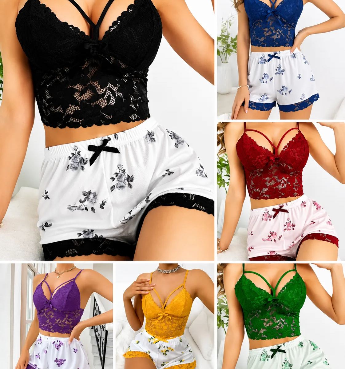 Women's 2-Piece Lace Cami Pajama Set – Floral Shorts Sleepwear