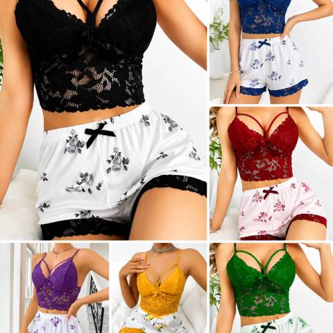Women's 2-Piece Lace Cami Pajama Set – Floral Shorts Sleepwear