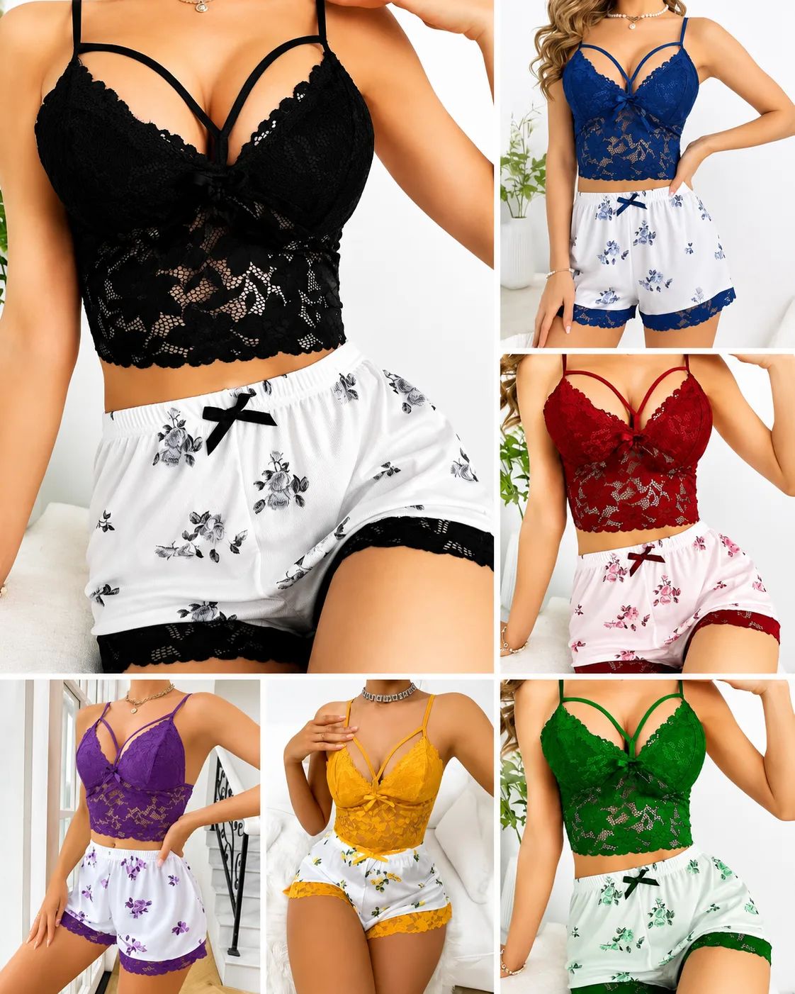 Women's 2-Piece Lace Cami Pajama Set – Floral Shorts Sleepwear