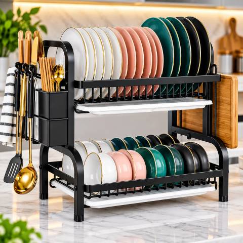 CYFAZA 2-Tier Plate Rack & Dish Drainer – Large Kitchen Countertop Dish Drying Rack