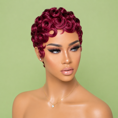 Burgundy Human Hair Finger-Wave Pixie Cut Wig